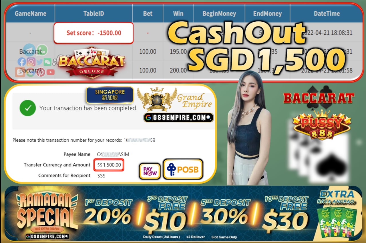 PUSSY888 - BACCARAT CASHOUT SGD1500!!!