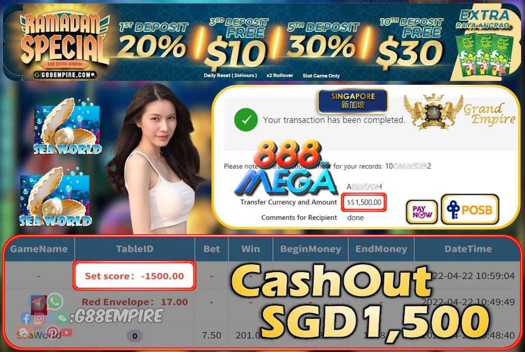 MEGA888 - SEAWORLD CASHOUT SGD 1500!!