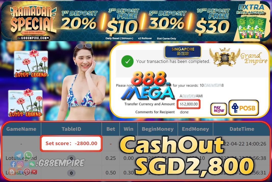 MEGA888 - LOTUSLEGEND CASHOUT SGD 2800!!