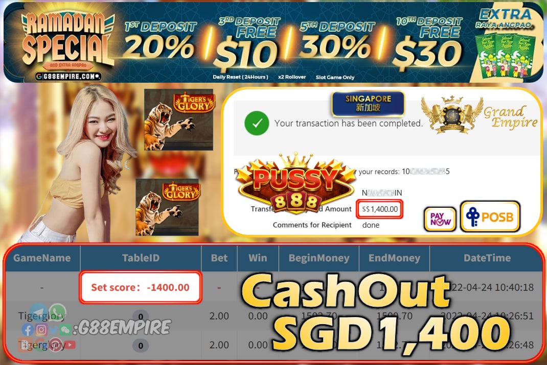 PUSSY888 - TIGERGLORY CASHOUT SGD1400 !!!