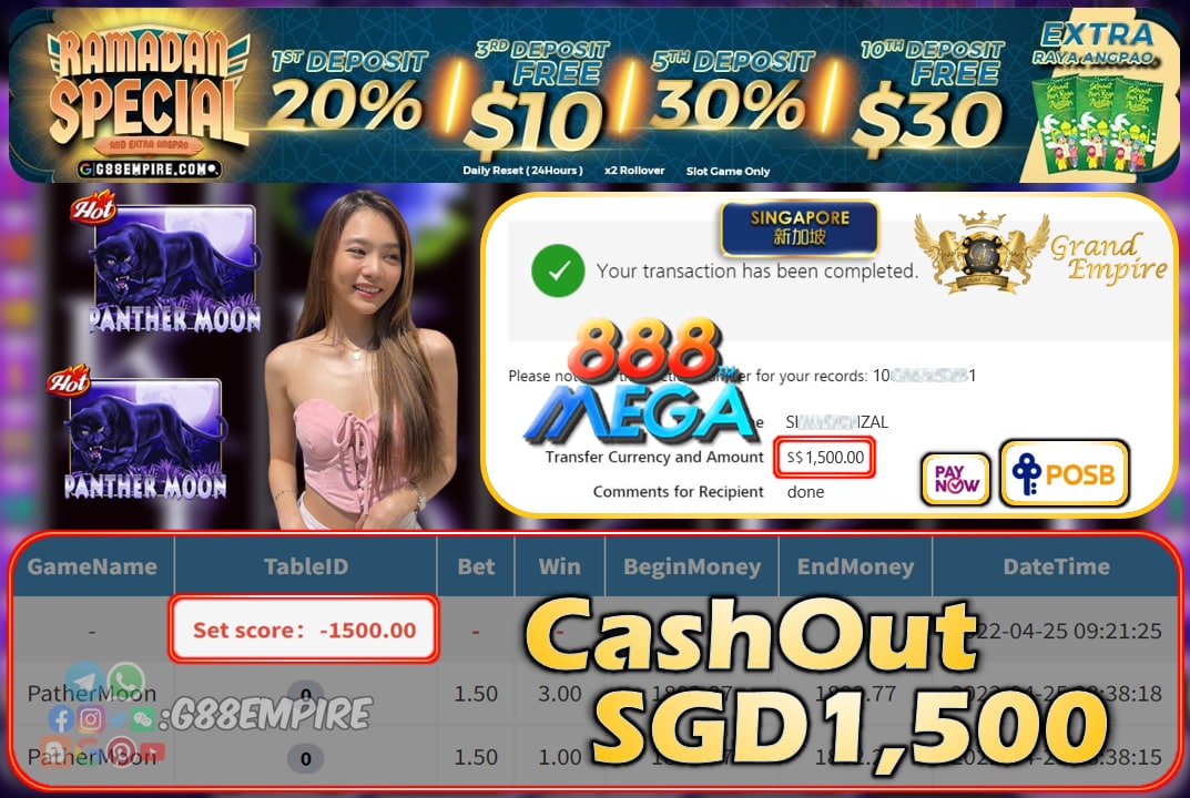 MEGA888 - PANTHERMOON CASHOUT SGD1500 !!!