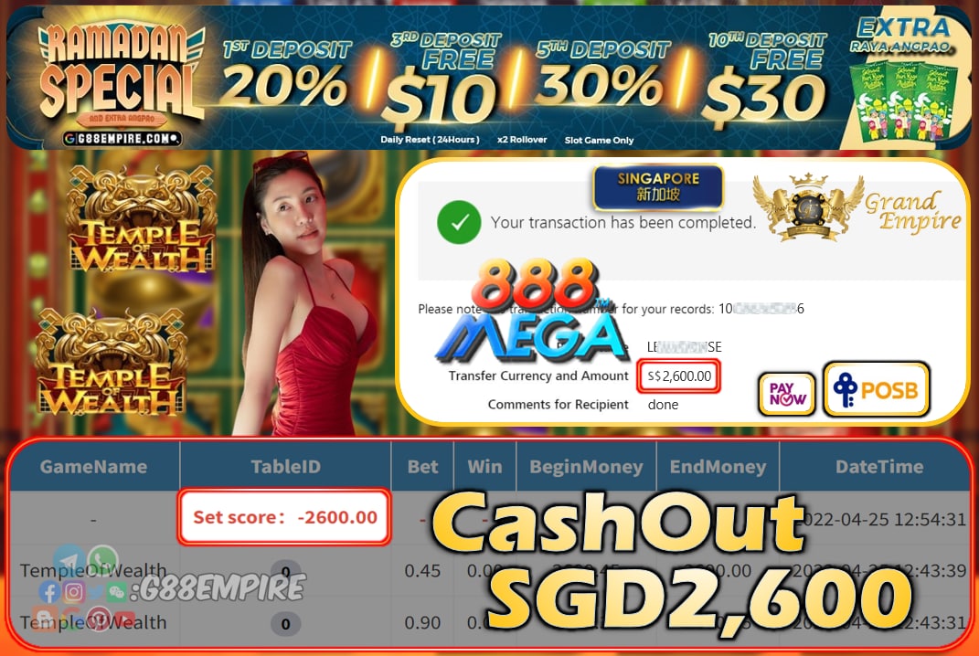 MEGA888 - TEMPLEOFWEALTH CASHOUT SGD2600 !!!