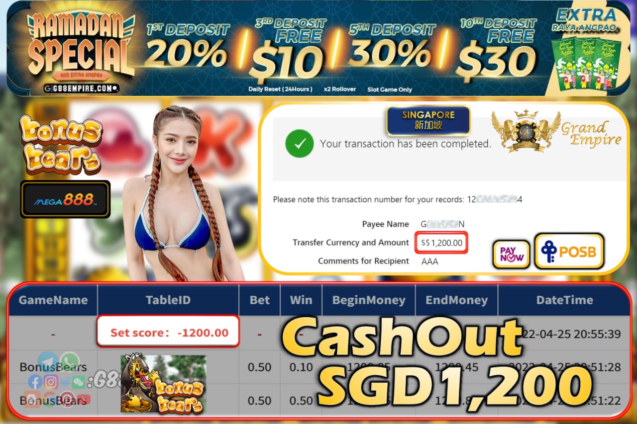 MEGA888 - BONUSBEARS CASHOUT SGD1200!!!