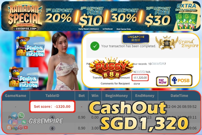 PUSSY888 - PENGUIN CASHOUT SGD1320 !!!