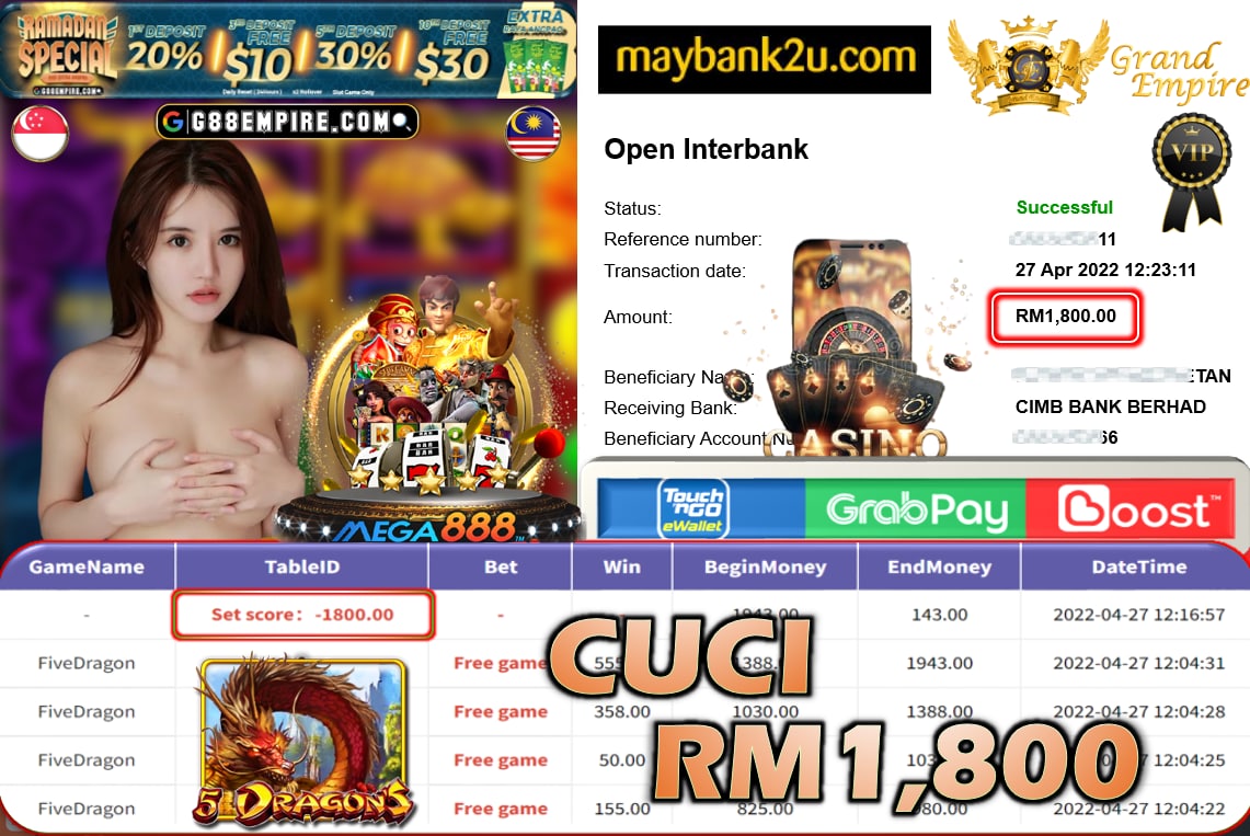 MEGA888 - FIVEDRAGON CUCI RM1,800 !!!