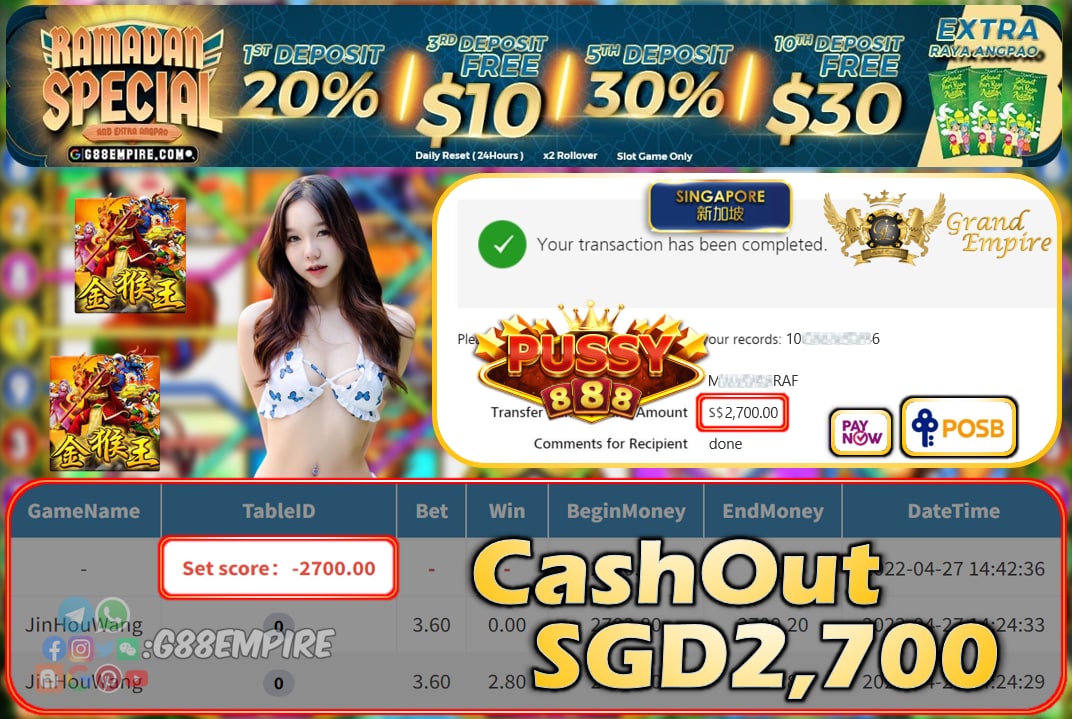 PUSSY888 - JINHOUWANG CASHOUT SGD2700 !!!