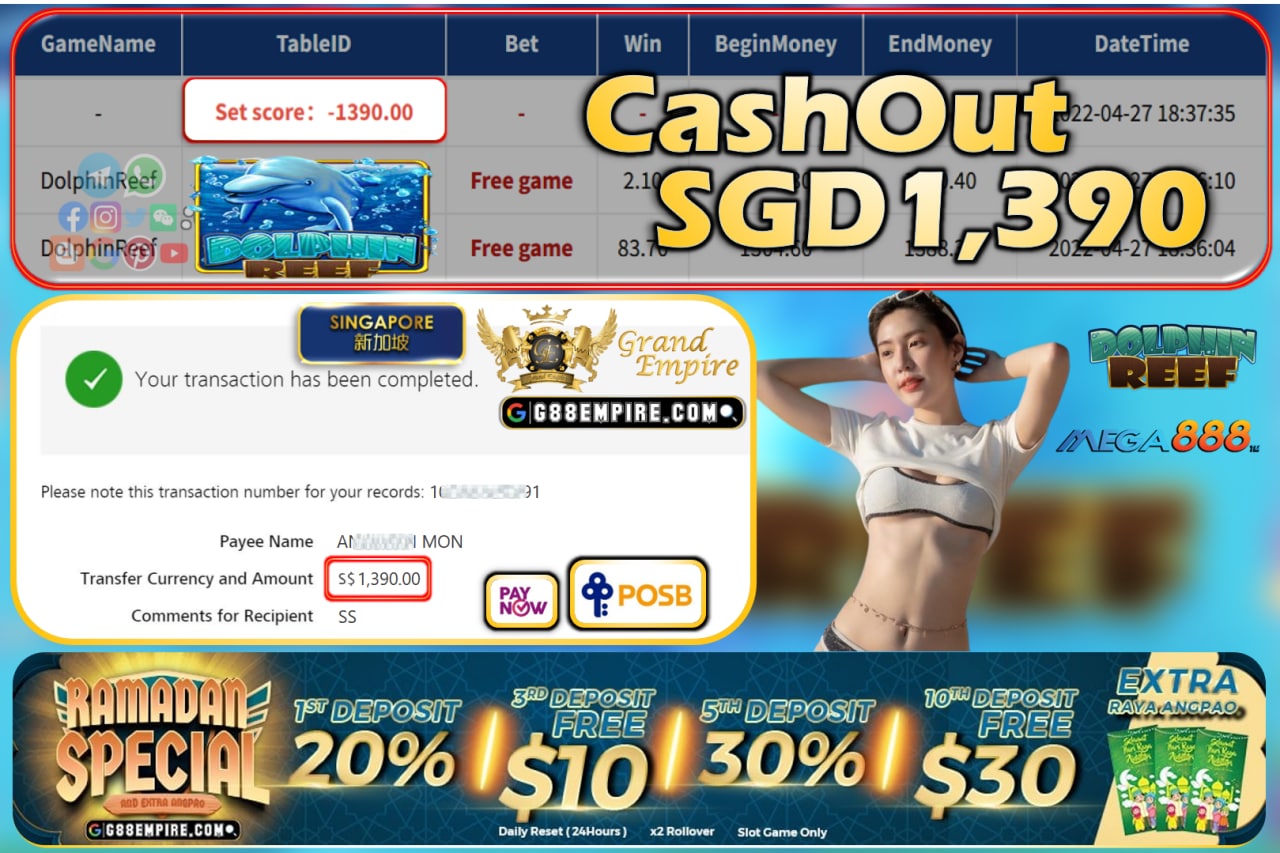 MEGA888 - DOLPHINREEF CASHOUT SGD1390!!!