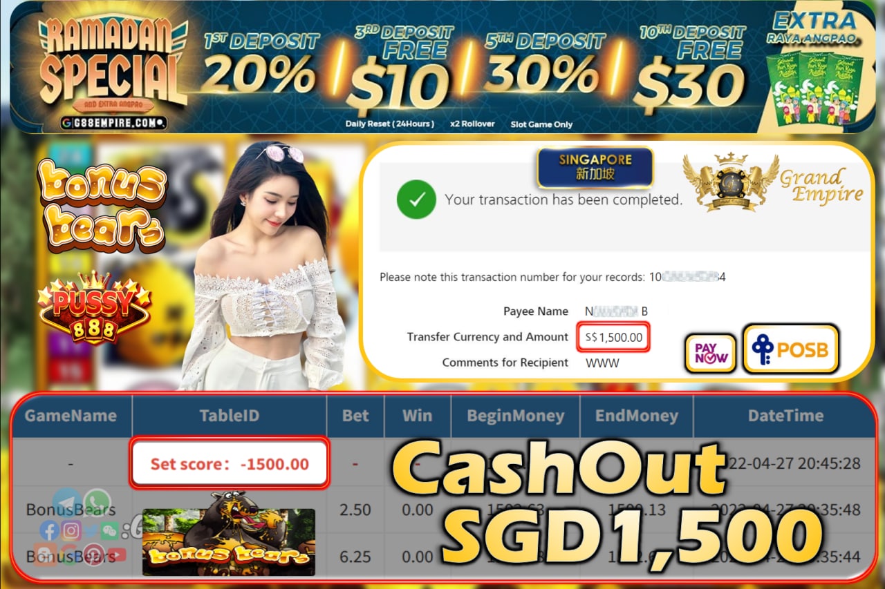 PUSSY888 - BONUSBEARS CASHOUT SGD1500!!!