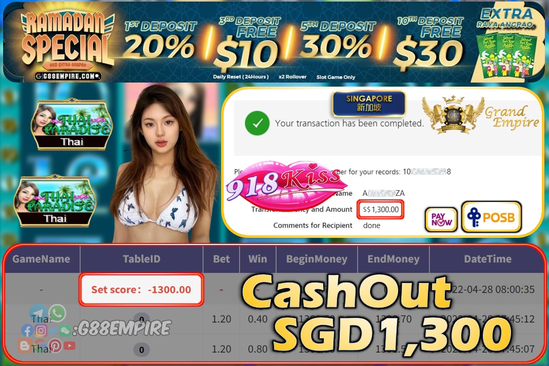 918KISS - THAI CASHOUT SGD1300 !!!