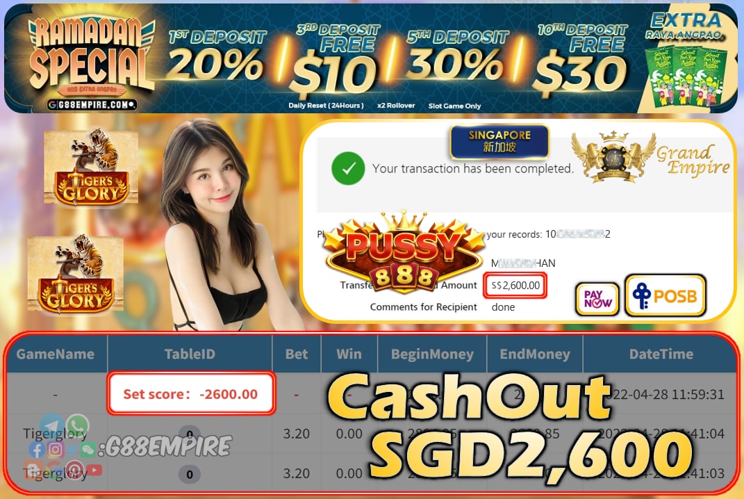 PUSSY888 - TIGERGLORY CASHOUT SGD2600 !!!