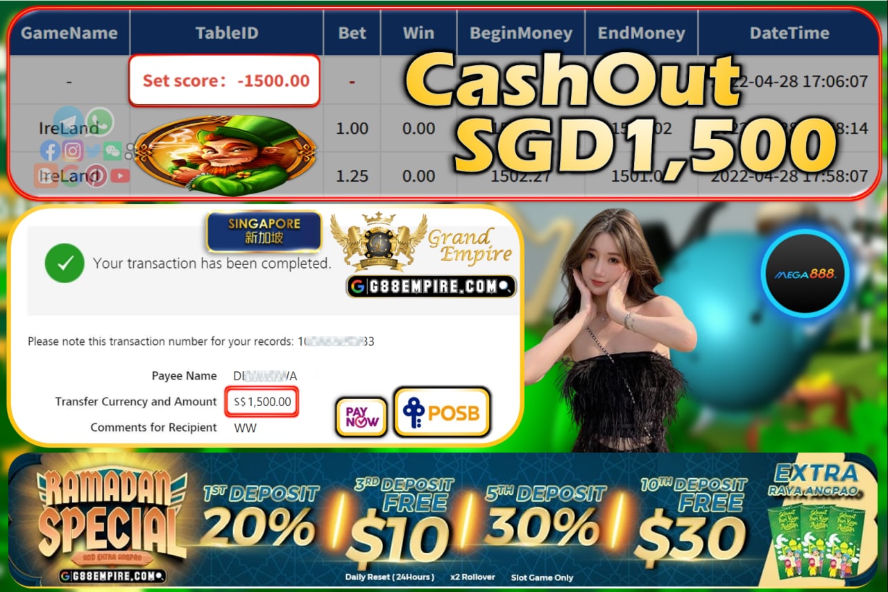 MEGA888 - IRELAND CASHOUT SGD1500!!!