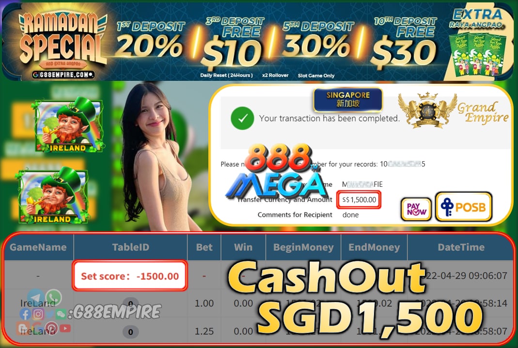 MEGA888 - IRELAND CASHOUT SGD1500 !!!