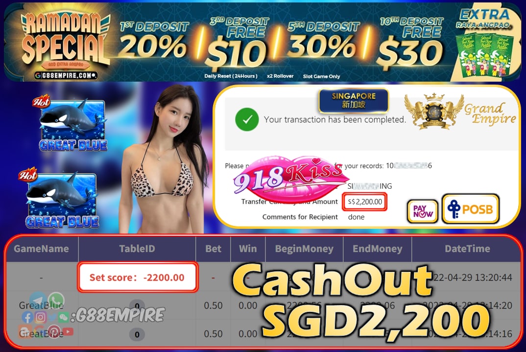 918KISS - GREATBLUE CASHOUT SGD2200 !!!