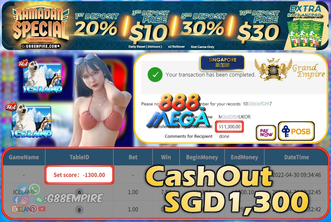 MEGA888 - ICELAND CASHOUT SGD1300 !!!