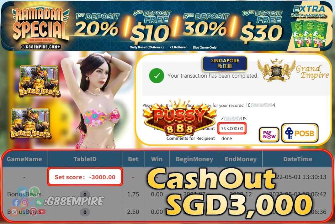 PUSSY888 - BONUSBEARS CASHOUT SGD3000 !!!