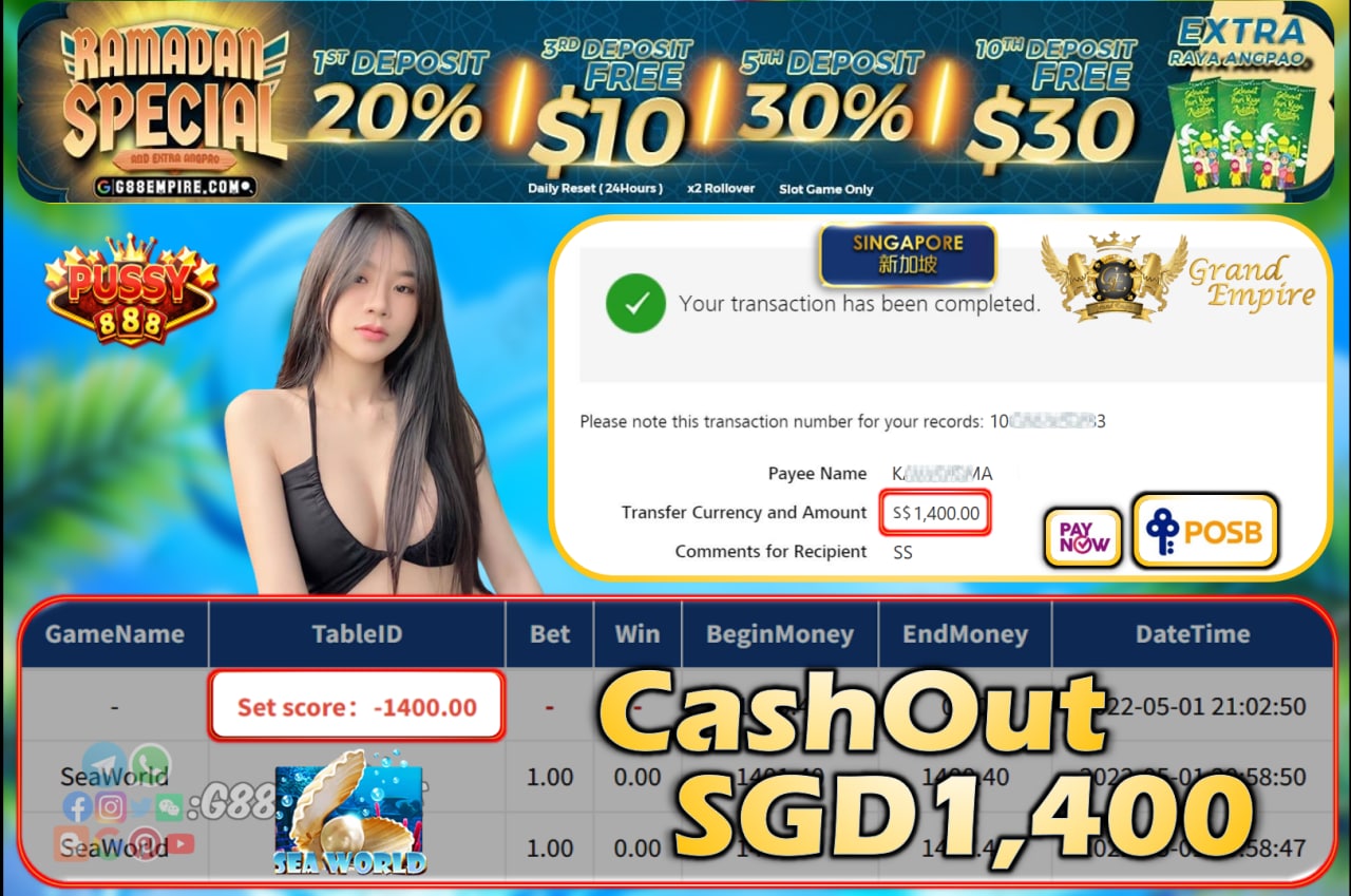 PUSSY888 - SEAWORLD CASHOUT SGD1400!!!