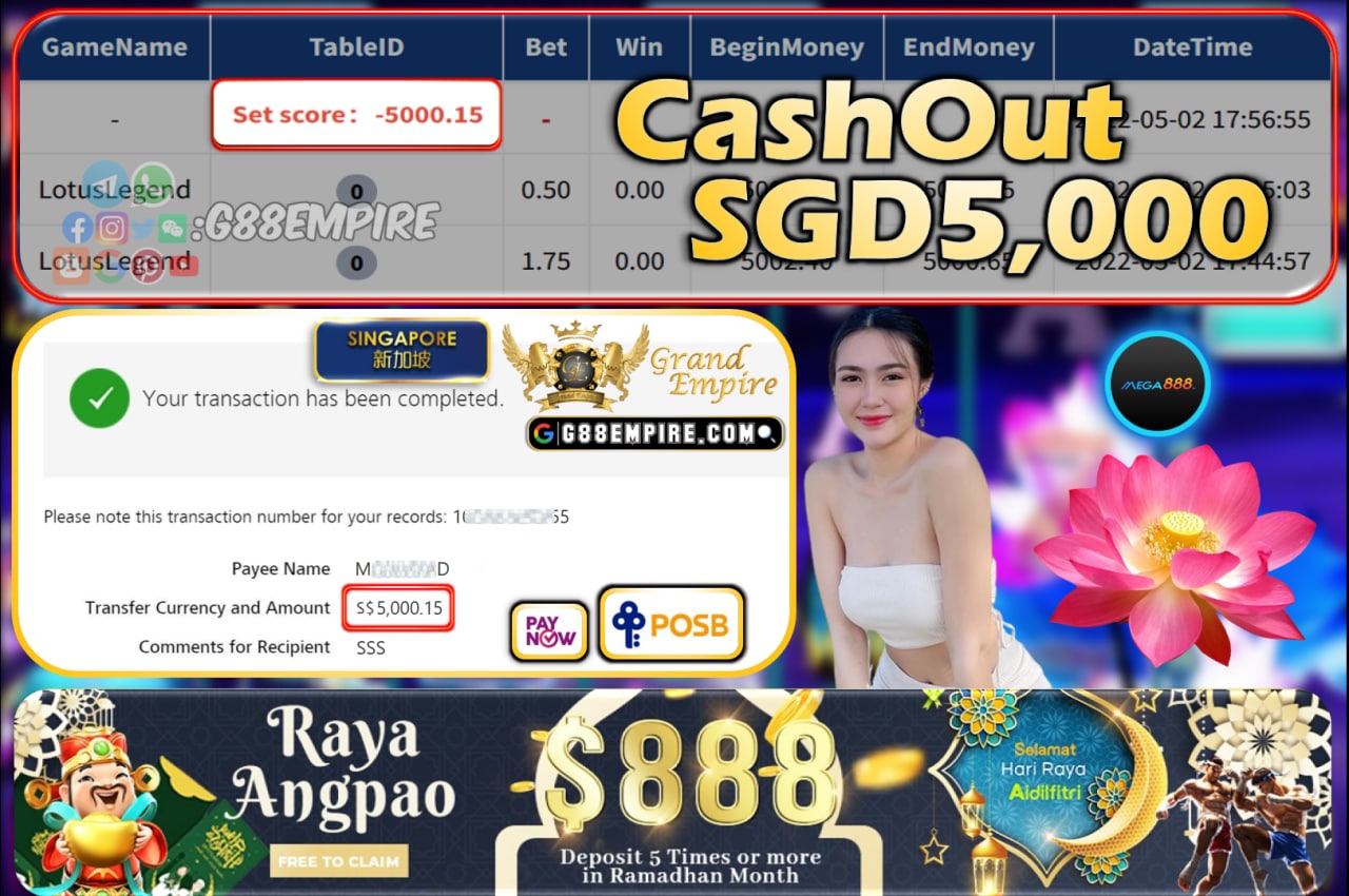 MEGA888 - LOTUSLEGEND CASHOUT SGD5000!!!