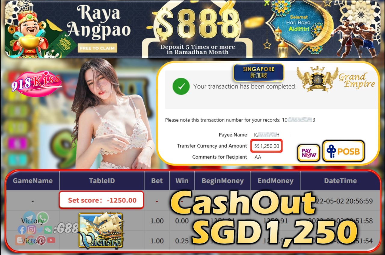 918KISS - VICTORY CASHOUT SGD1250!!!