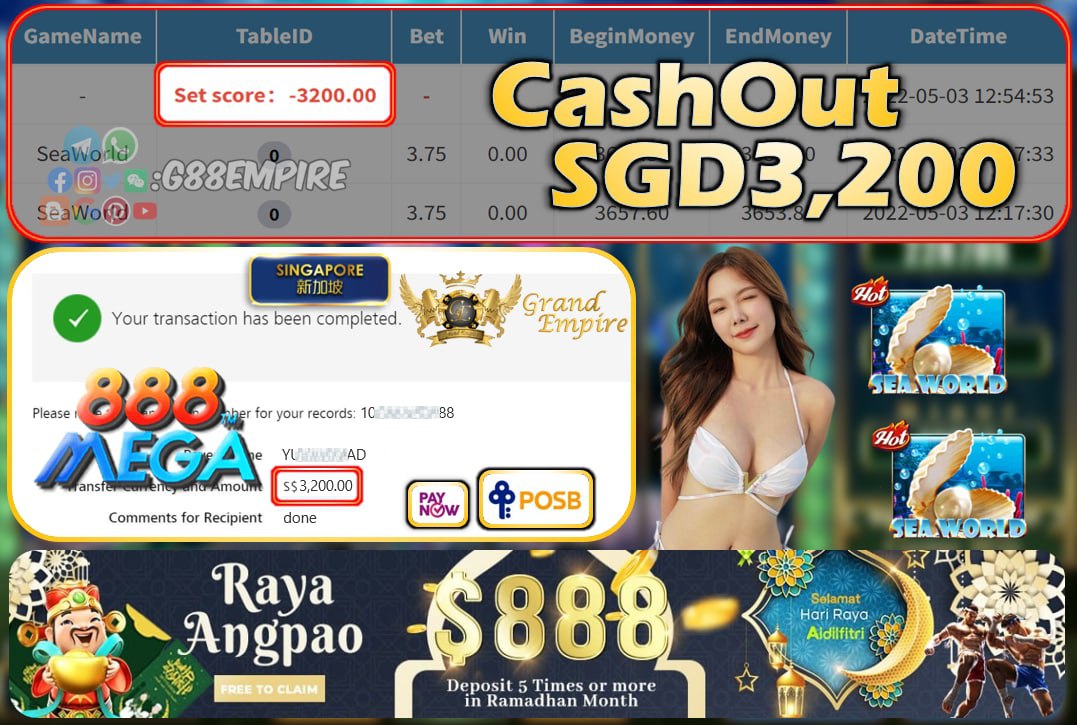 MEGA888 - SEAWORLD CASHOUT SGD3200 !!!