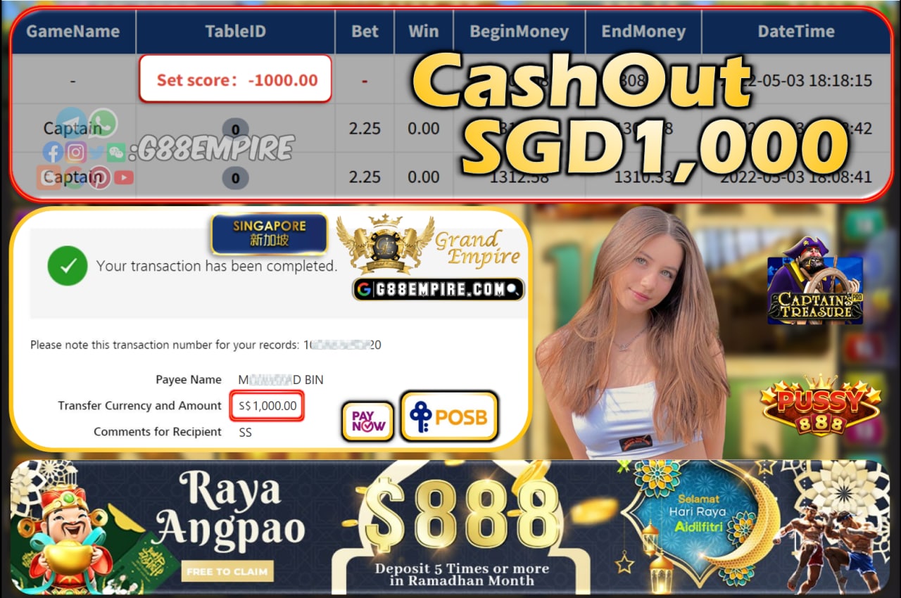 PUSSY888 - CAPTIAN CASHOUT SGD1000!!!