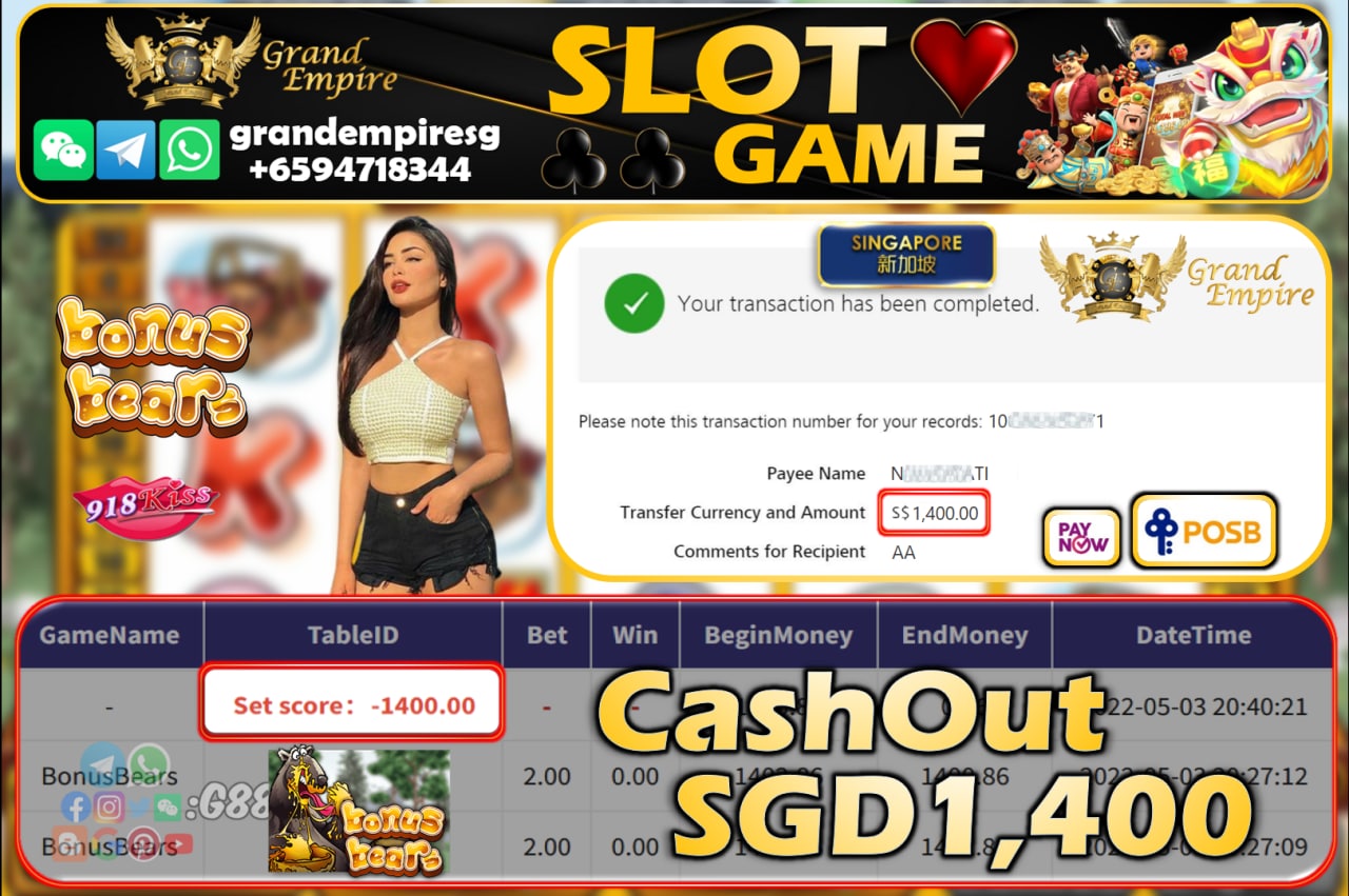 918KISS - BONUSBEARS CASHOUT SGD1400!!!