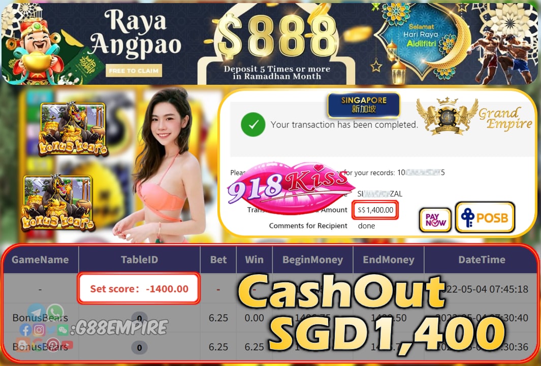 918KISS - BONUSBEARS CASHOUT SGD1400 !!!