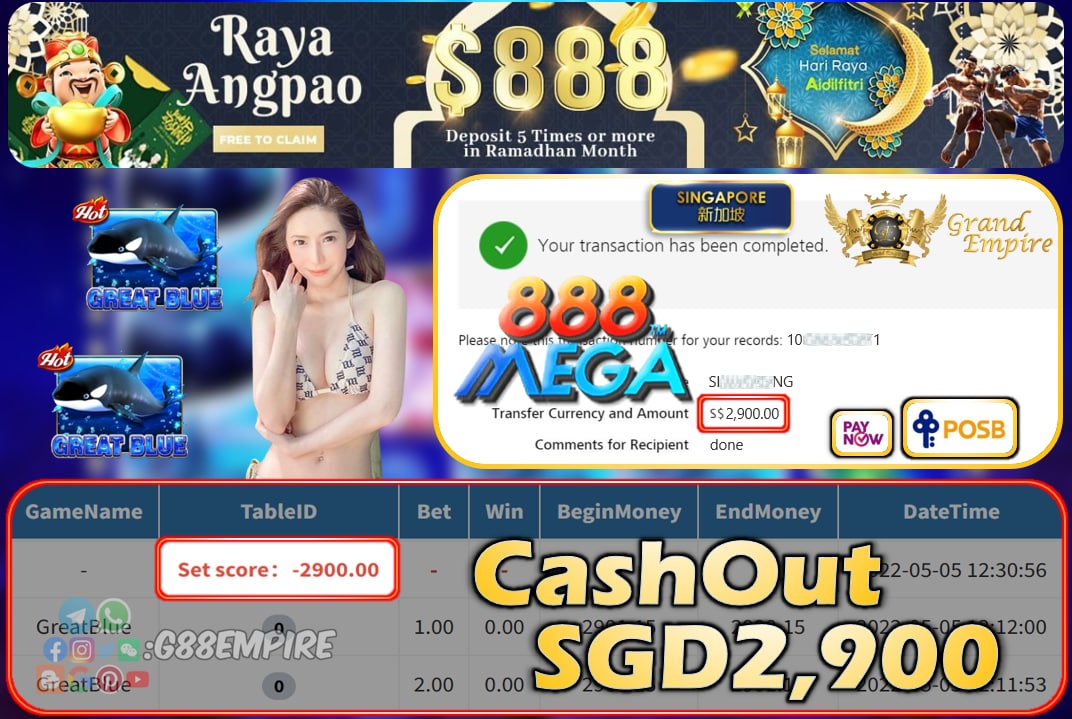 MEGA888 - GREATBLUE CASHOUT SGD2900 !!!