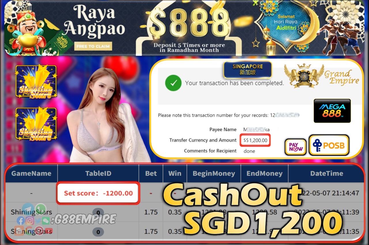 MEGA888 - SHININGSTARS CASHOUT SGD1200!!!