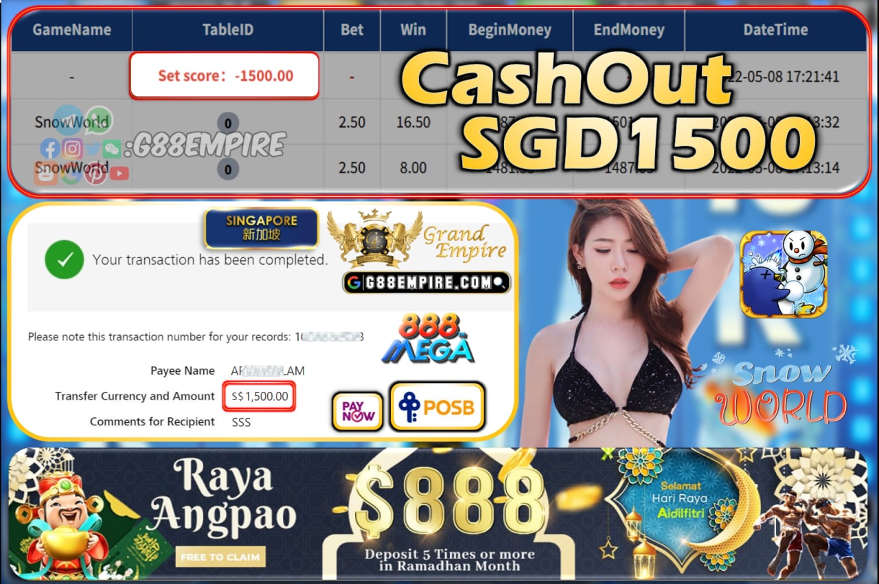 MEGA888 - SNOWWORLD CASHOUT SGD1500!!!