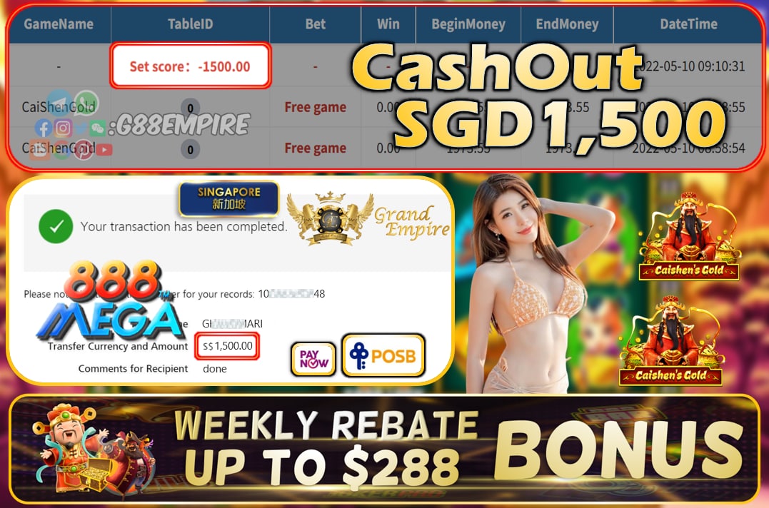 MEGA888 - CAISHENGOLD CASHOUT SGD1500 !!!