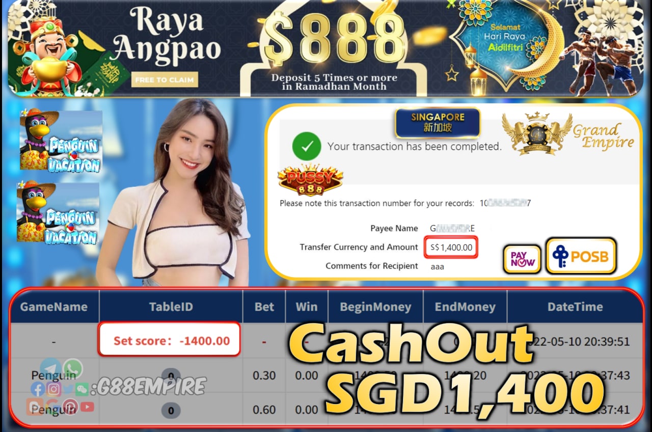 PUSSY888 - PENGUIN CASHOUT SGD1400!!!