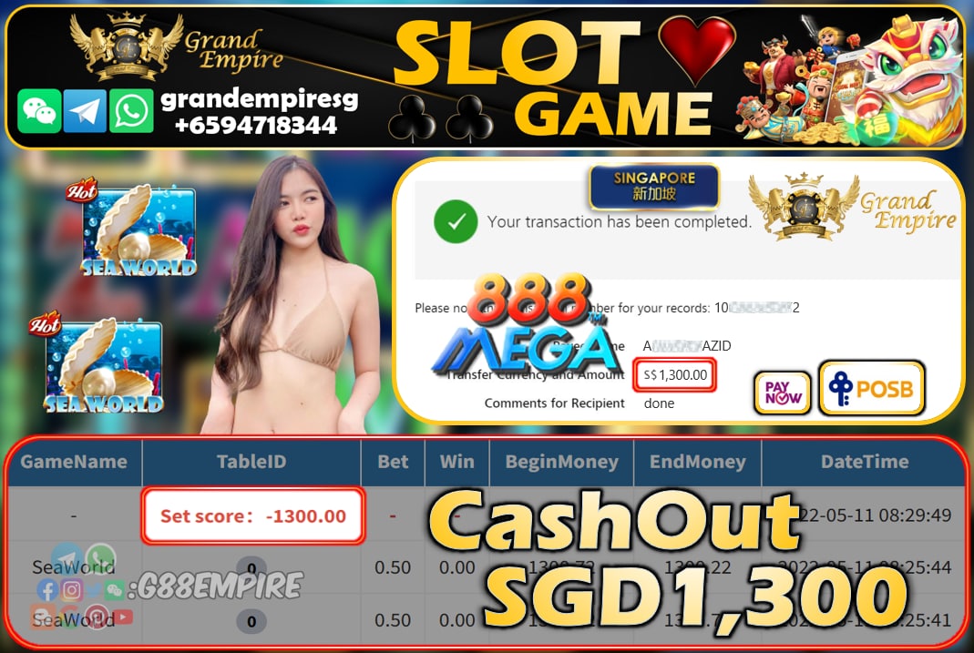 MEGA888 - SEAWORLD CASHOUT SGD1300 !!!