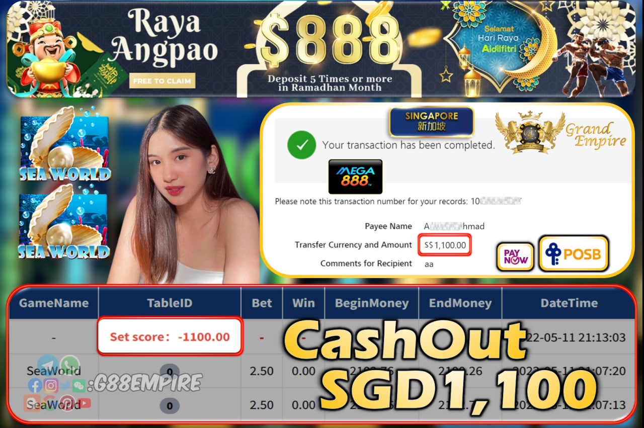 MEGA888 - SEAWORLD CASHOUT SGD1100!!!