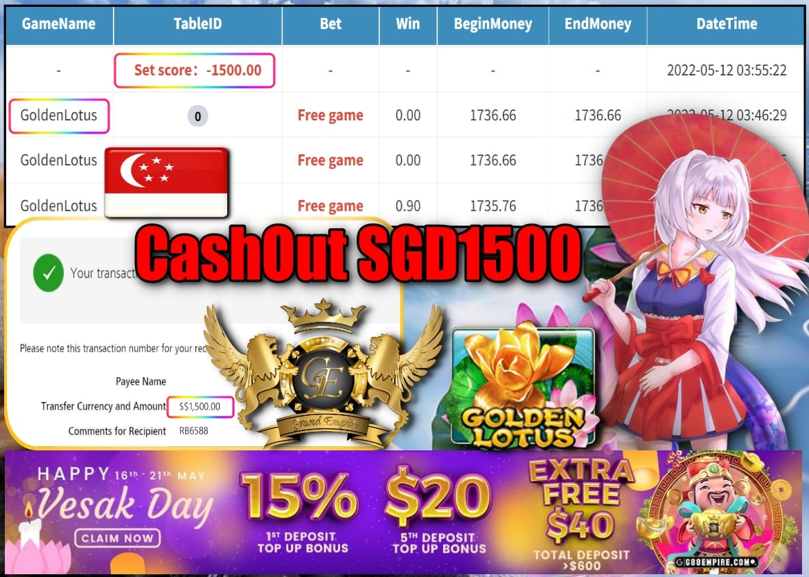 MEGA888 - GOLDENLOTUS CASHOUT SGD1500 !!!