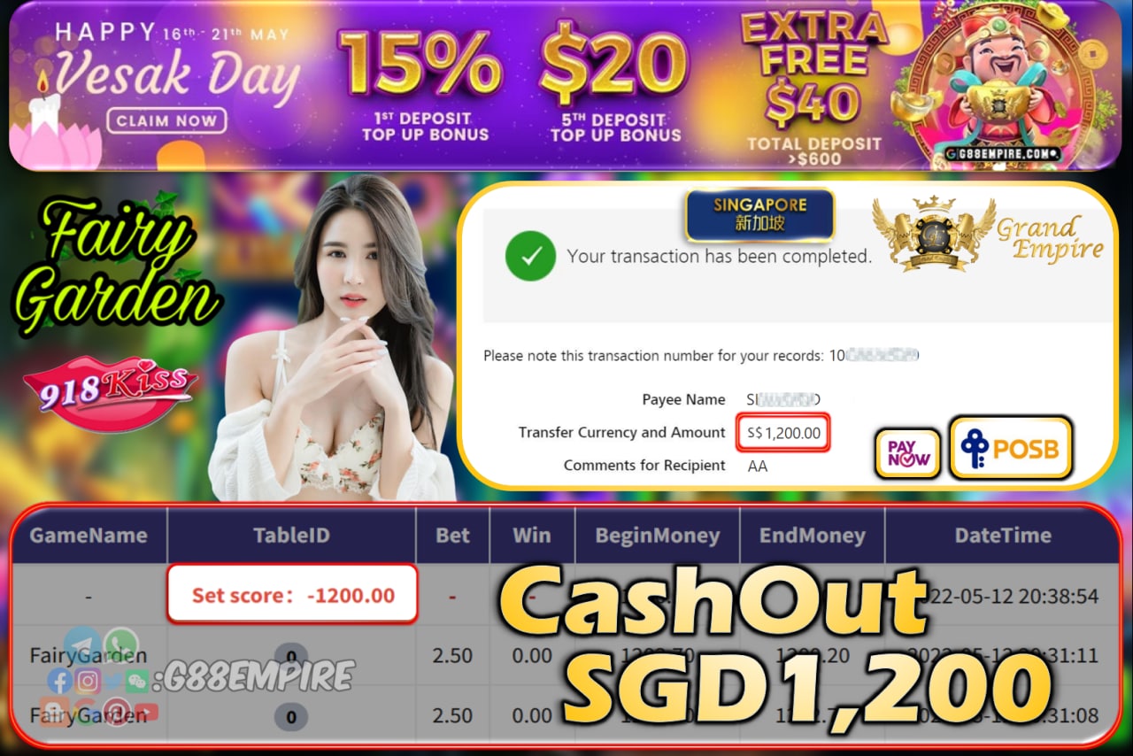 918KISS - FAIRYGARDEN CASHOUT SGD1200!!!