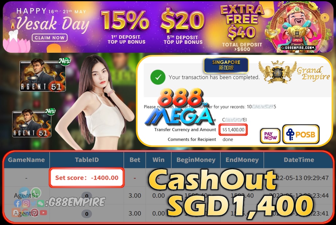 MEGA888 - AGENT51 CASHOUT SGD1400 !!!