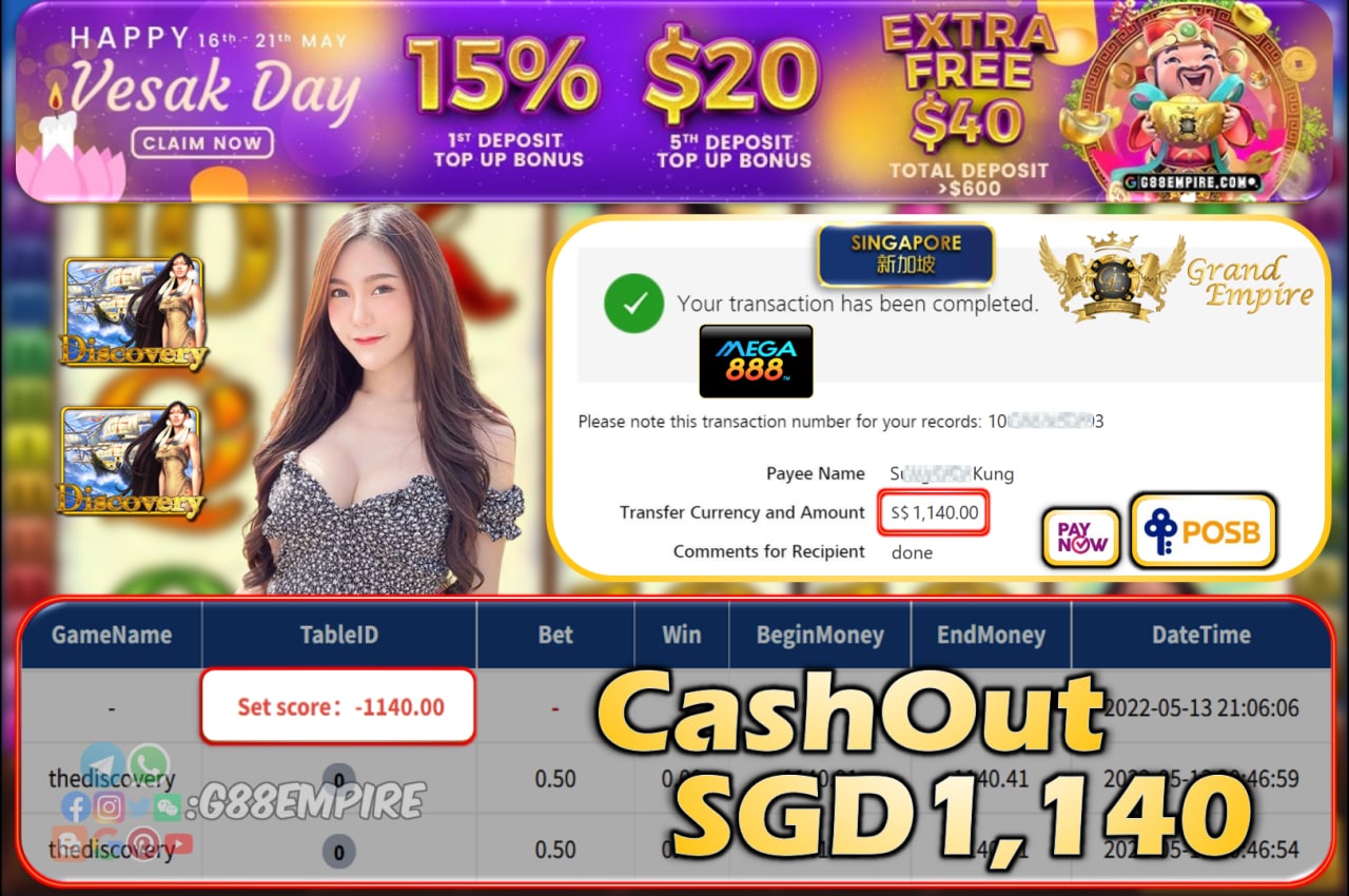 MEGA888 - THEDISCOVERY CASHOUT SGD1140!!!