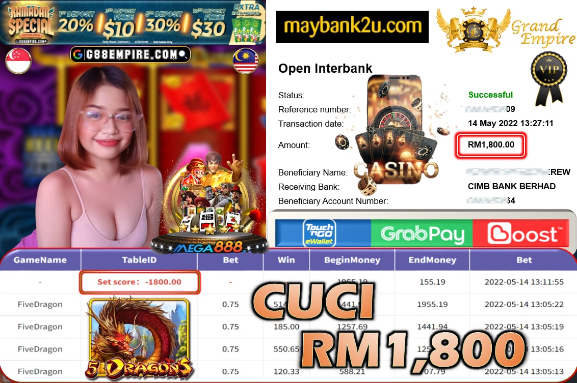 MEGA888 - FIVEDRAGON CUCI RM1,800 !!!