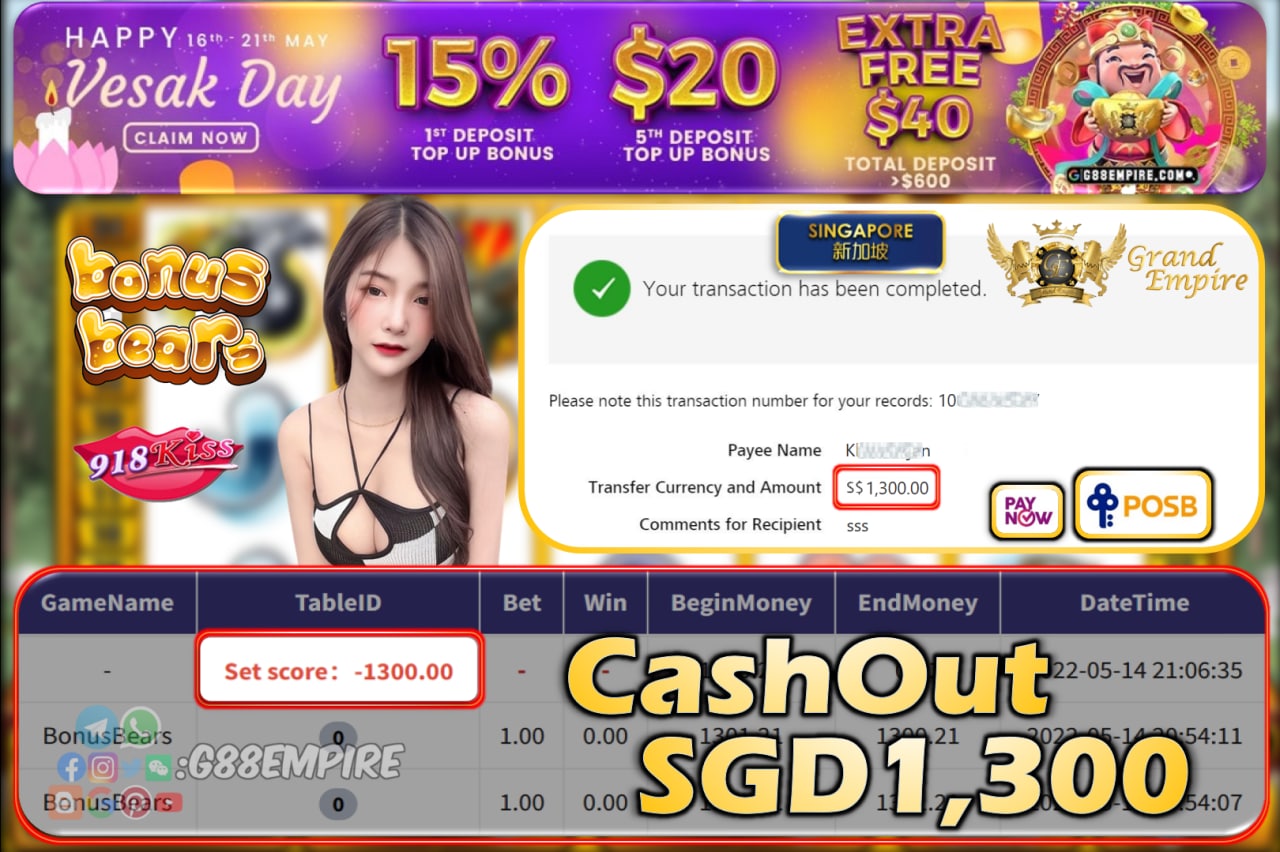 918KISS - BONUSBEARS CASHOUT SGD1300!!!