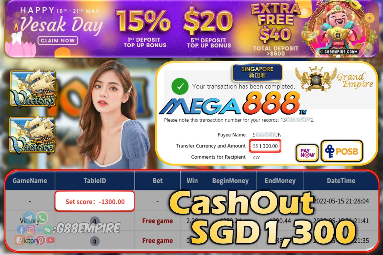 MEGA888 - VICTORY CASHOUT SGD1300!!!