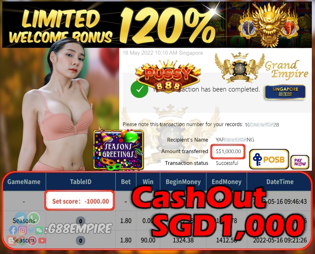 PUSSY888 - SEASONS CASHOUT SGD1000!!!