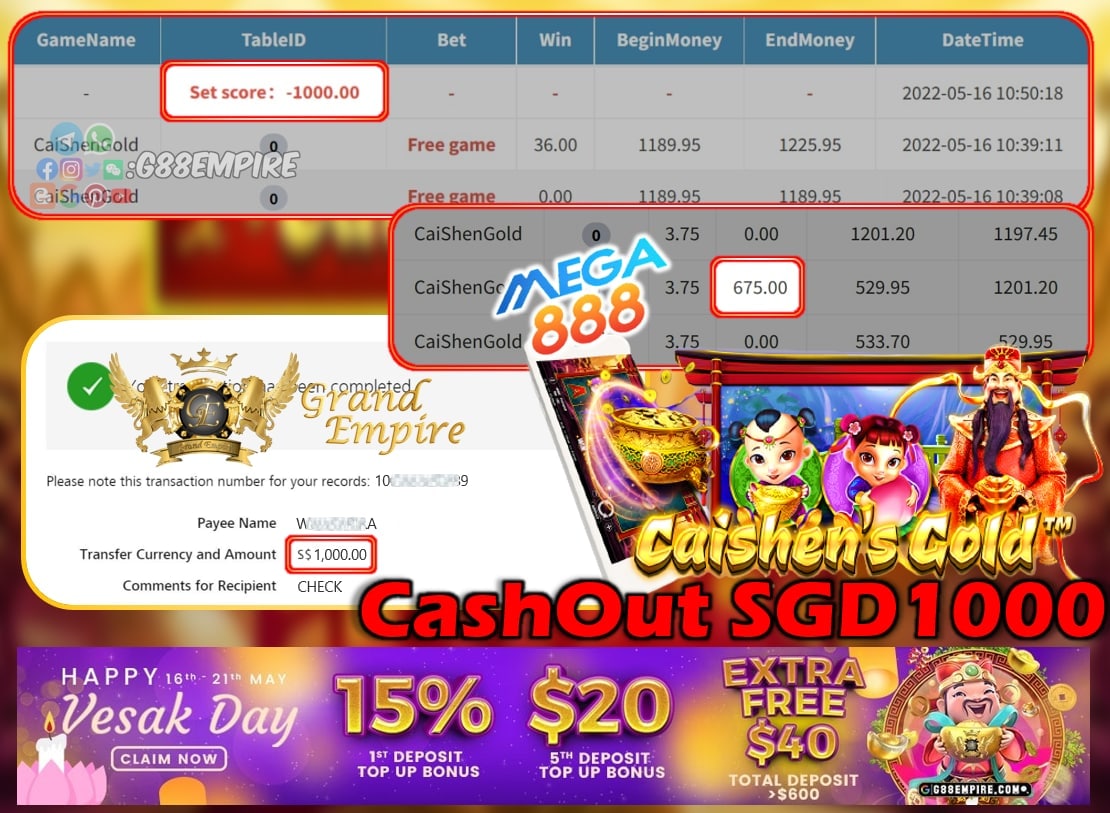 MEGA888 - CAISHENGOLD CASHOUT SGD1000!!!