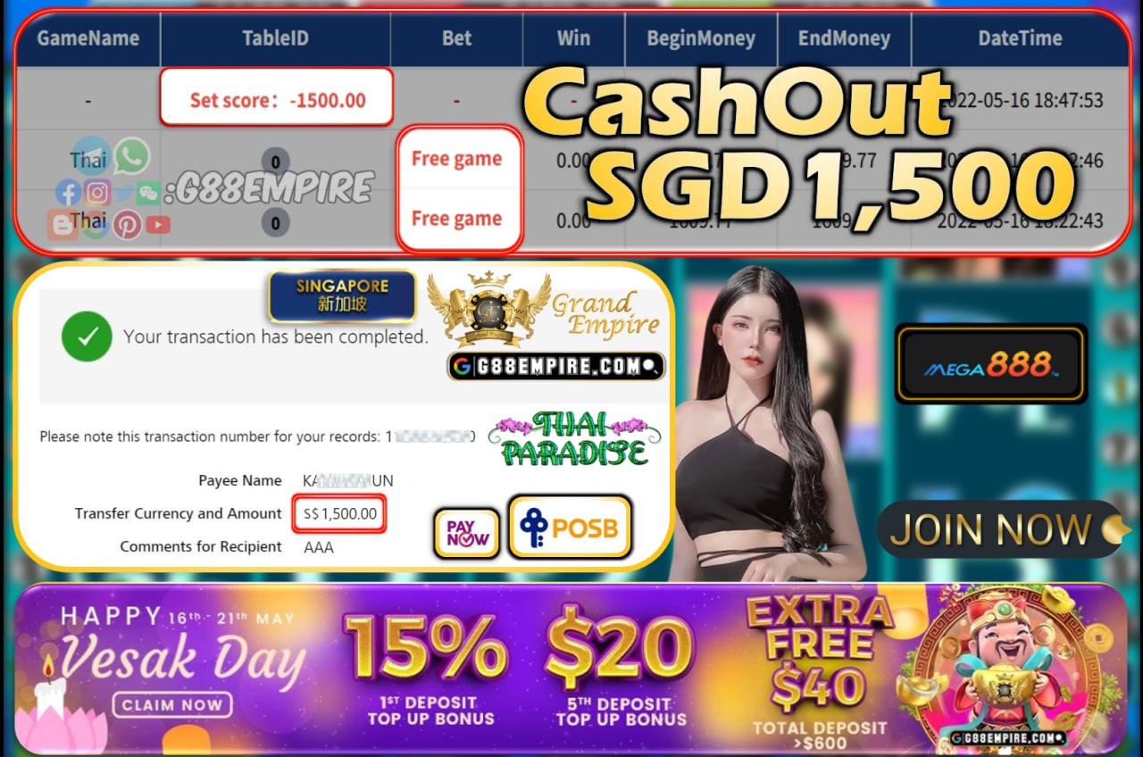 MEGA888 - THAI CASHOUT SGD1500!!!