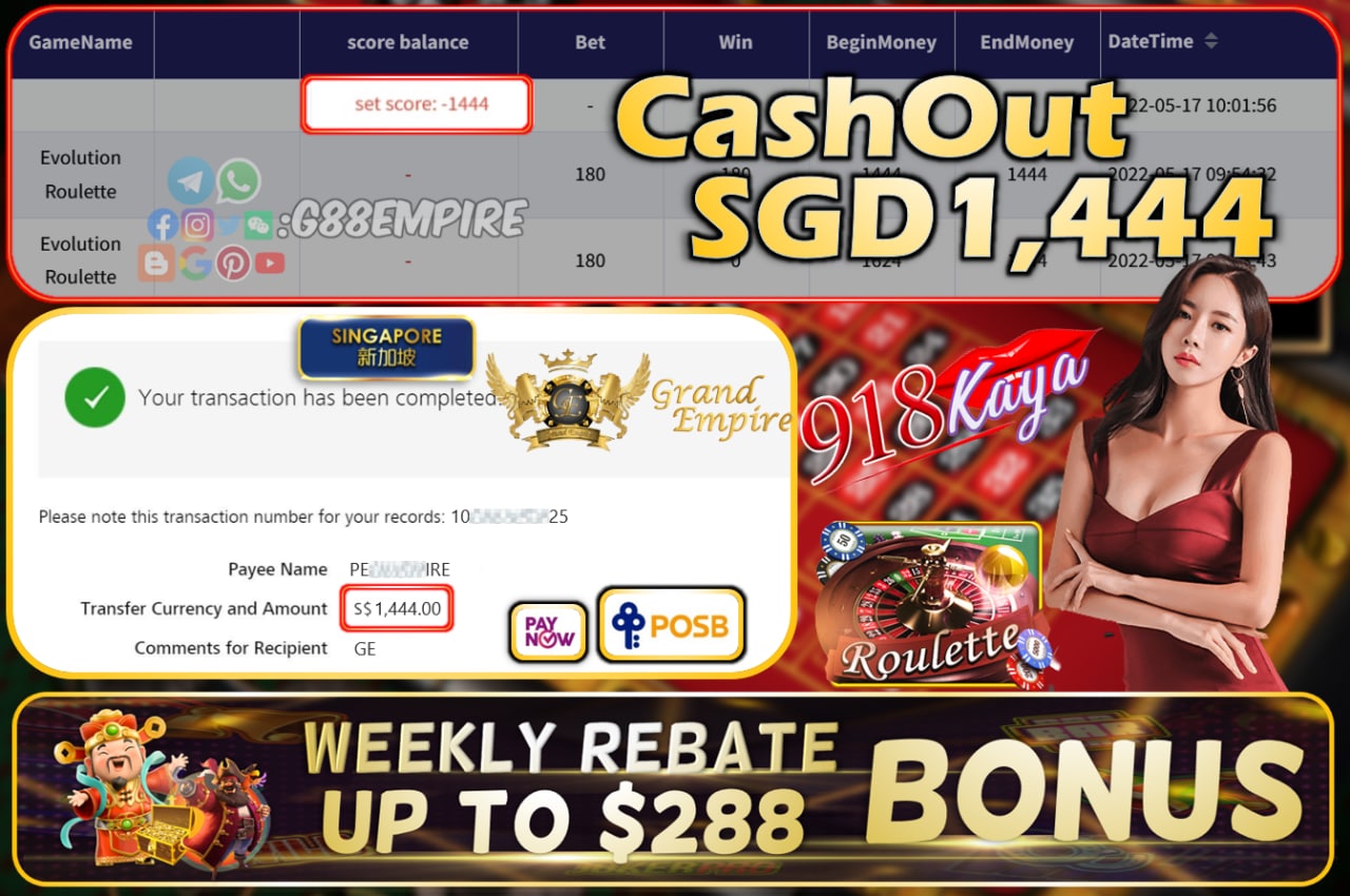  918KISS KAYA - ROULETTE CASHOUT SGD1444!!!