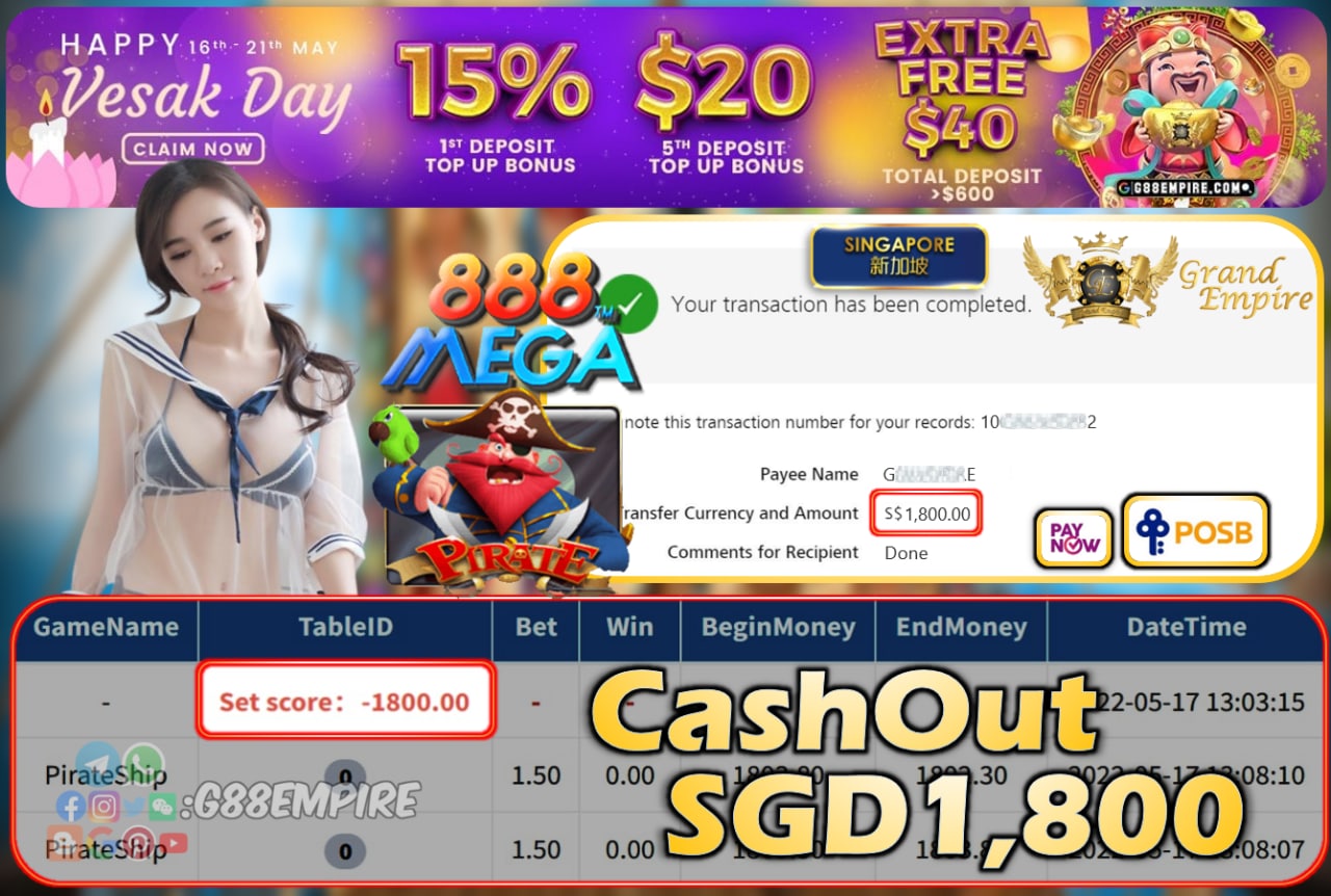 MEGA888 - PIRATES CASHOUT SGD1800!!!