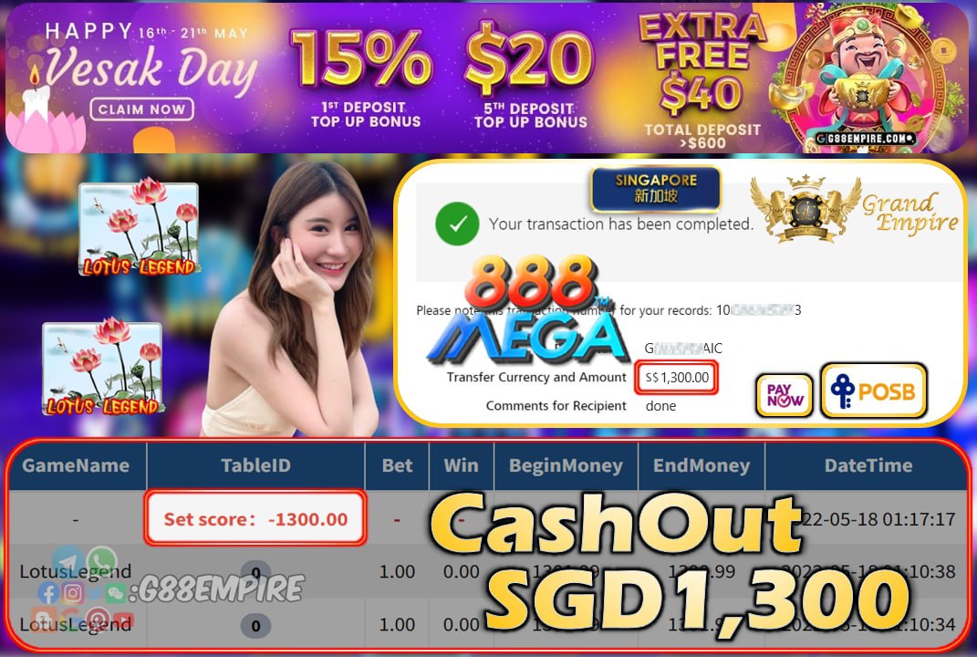 MEGA888 - LOTUSLEGEND CASHOUT SGD1300 !!!