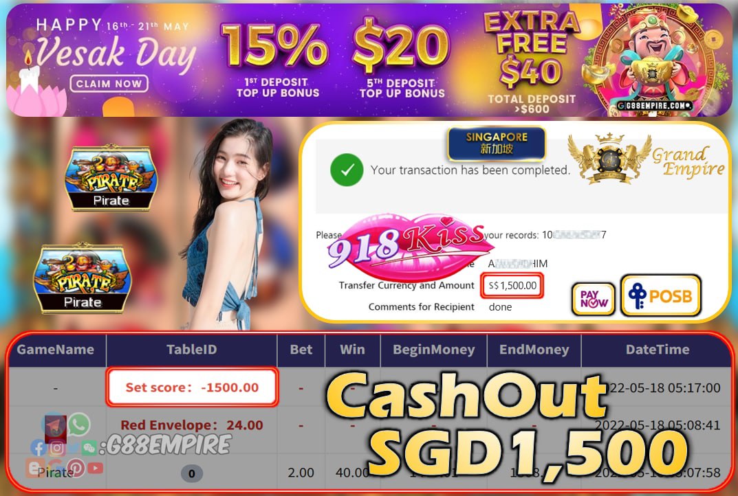 918KISS - PIRATE CASHOUT SGD1500 !!!