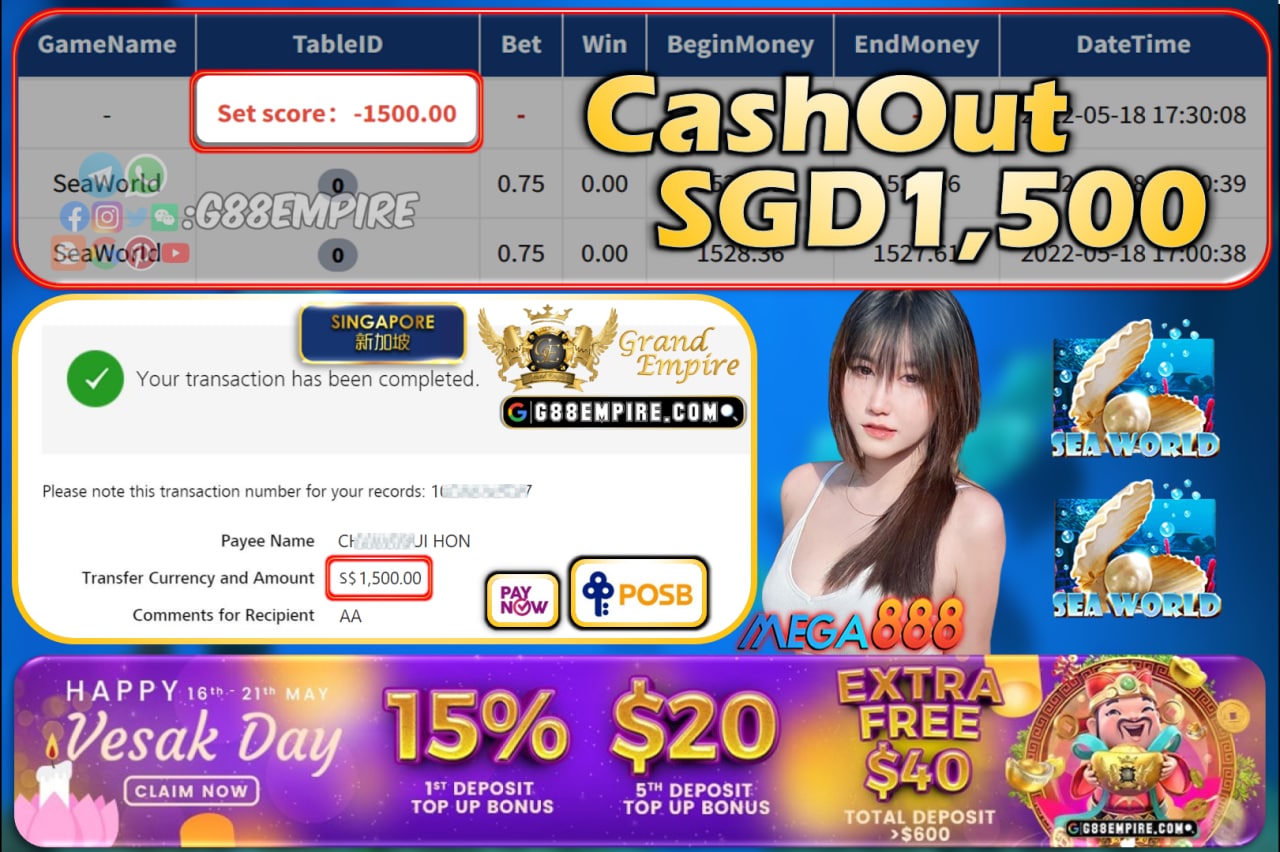  MEGA888 - SEAWORLD CASHOUT SGD1500!!!