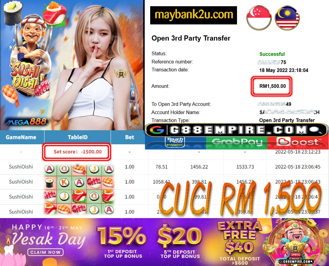 MEGA888 - SUSHIOISHI CUCI RM1,500 !!!