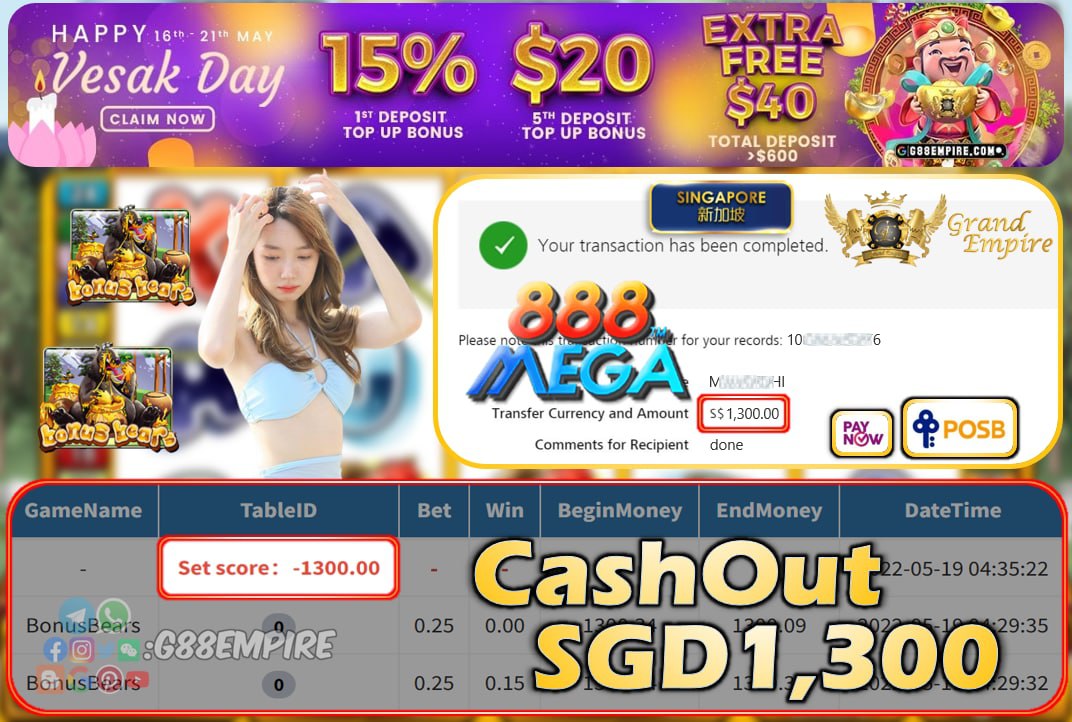 MEGA888 - BONUSBEARS CASHOUT SGD1300 !!!